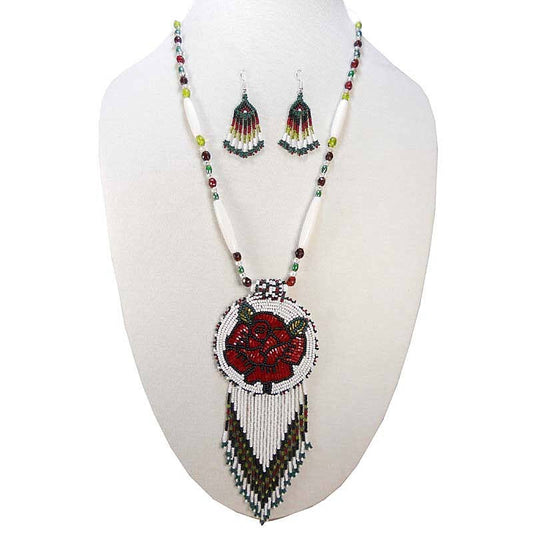 Red Rose Beadwork Long Medallion Handmade Beaded Necklace Earrings Set