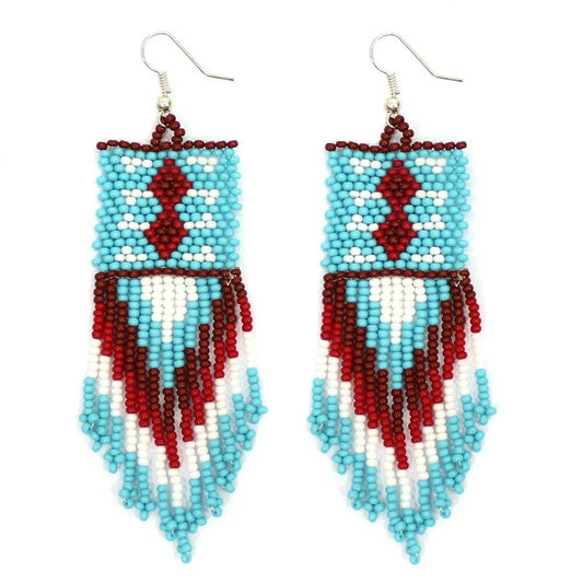 Handmade Beaded Blue Maroon Native Style Earrings