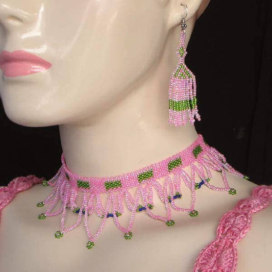 White Green Egyptian Art Beaded Choker Necklace Earrings