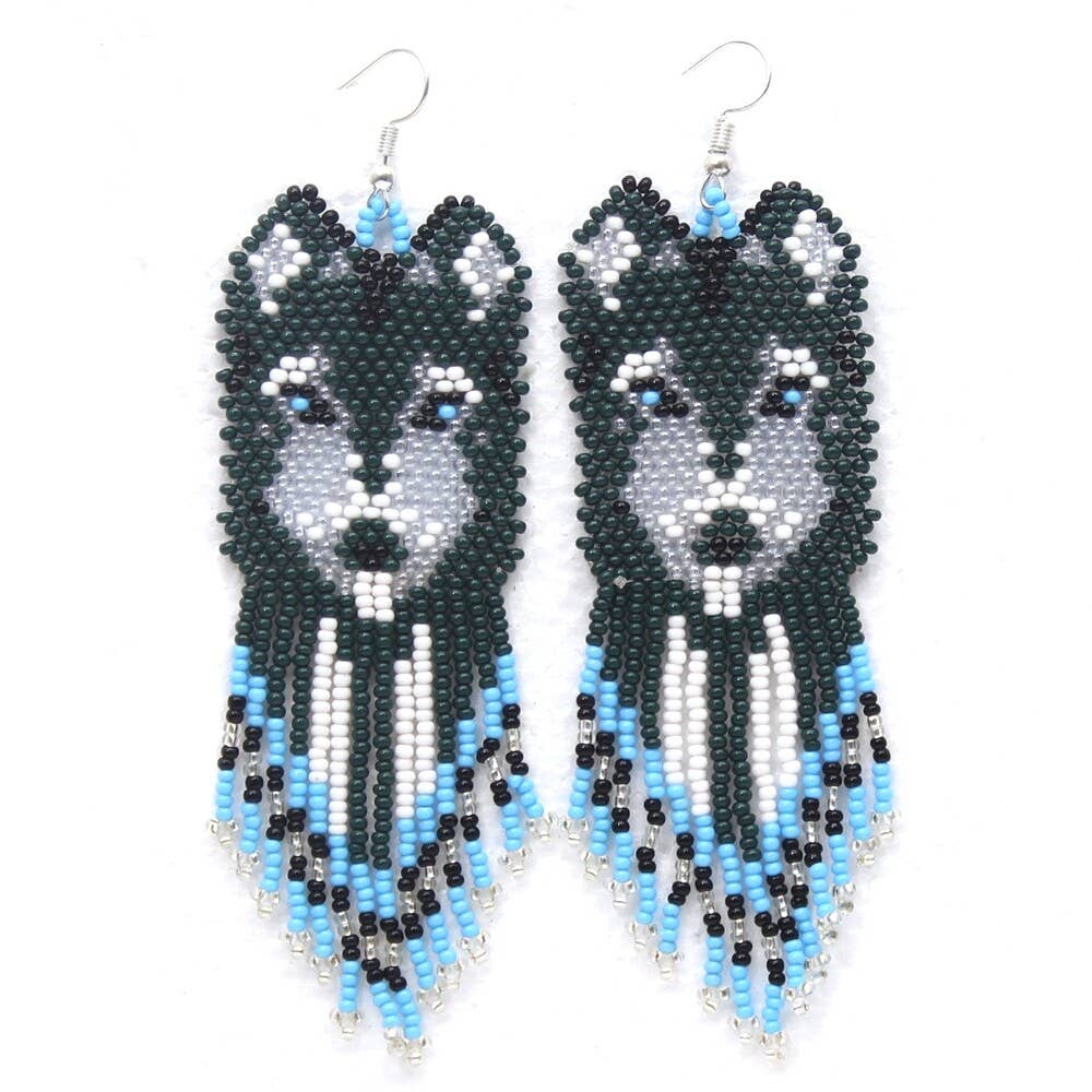 Handmade Beaded Green Blue Wolf Hook Earrings