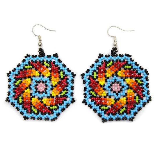 BEADS CORNER - Handmade Beaded Octagon Shape Blue Multi-Color Bohemian Hook Earrings