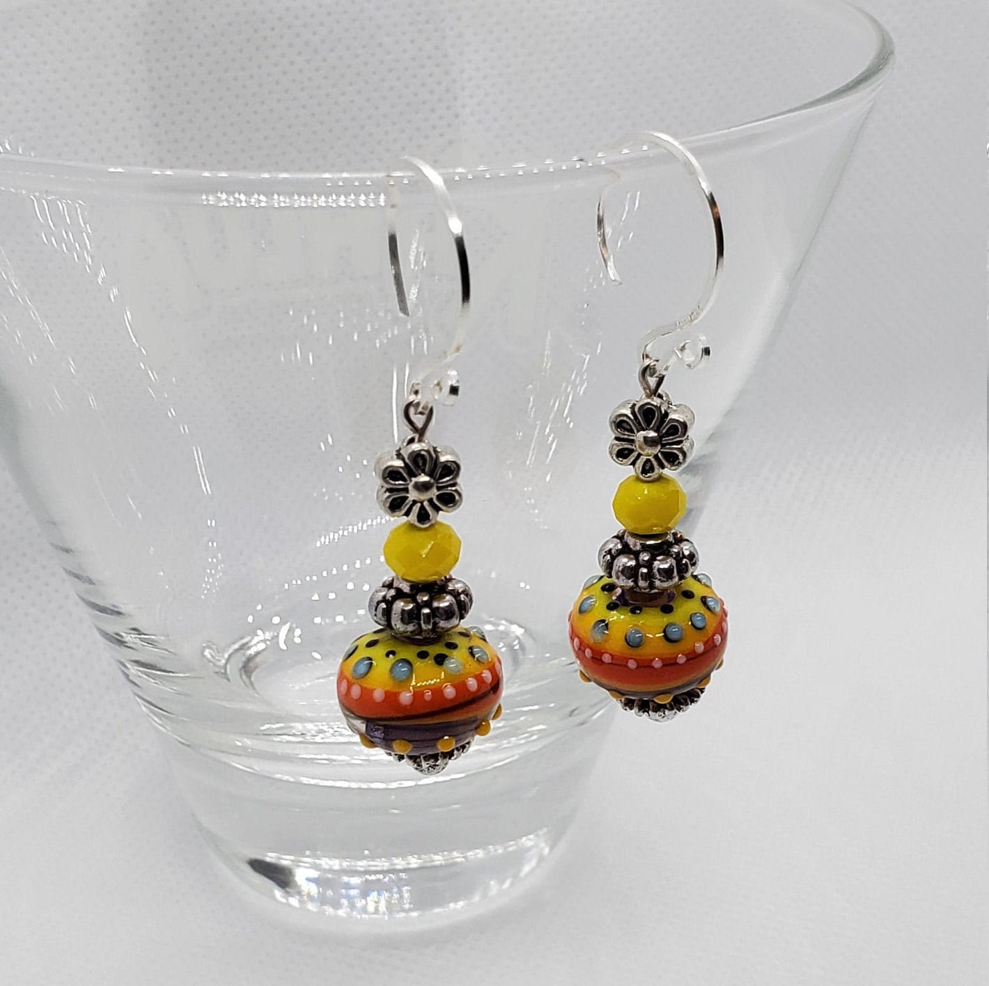 Autumn Dream Artisan Glass Earrings, Lampwork Glass Bead by Grace Lampwork Beads, Silver Filled Earring Wire