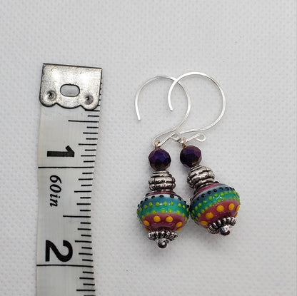 Mardi Gras Artisan Glass Earrings, Lampwork Glass Bead by Grace Lampwork Beads, Silver Filled Earring Wire