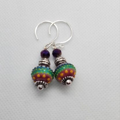 Mardi Gras Artisan Glass Earrings, Lampwork Glass Bead by Grace Lampwork Beads, Silver Filled Earring Wire