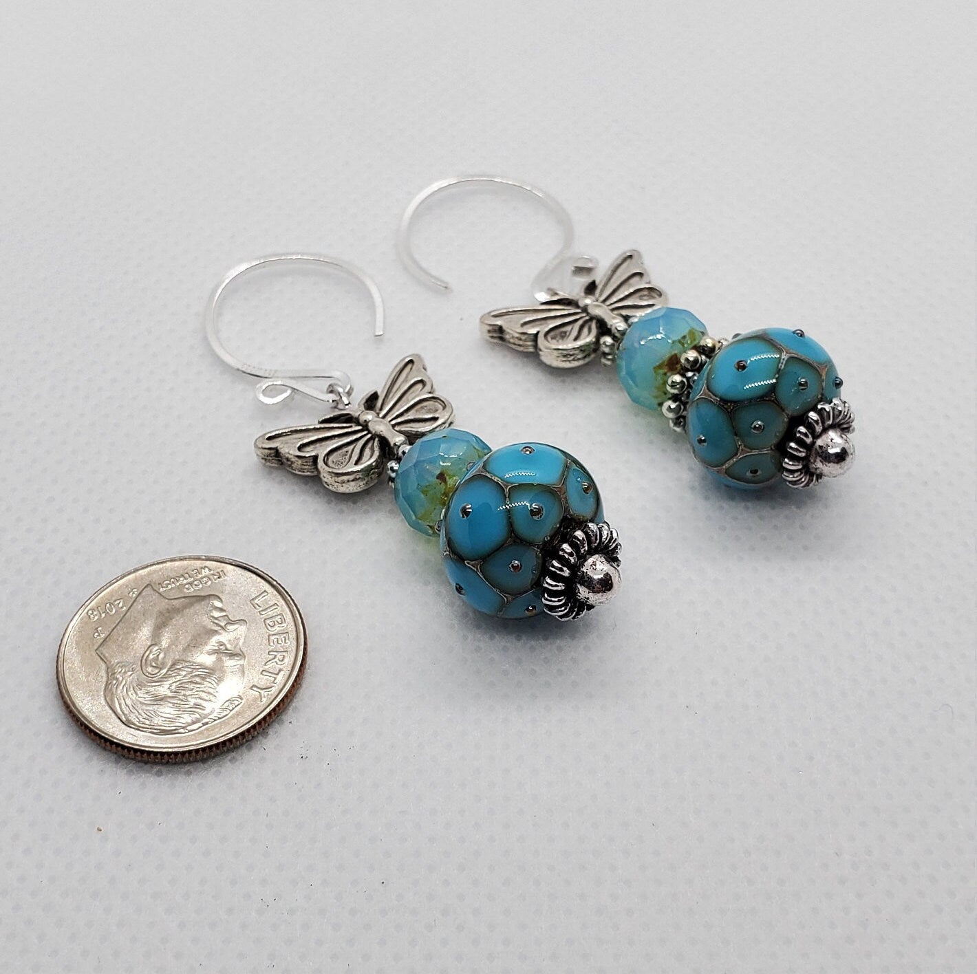 Butterfly Blues Artisan Glass Earrings, Lampwork Glass Bead by Grace Lampwork Beads, Silver Filled Earring Wire