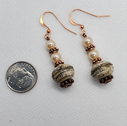 Pearly Whites Artisan Glass Earrings, Lampwork Glass Bead by Grace Lampwork Beads, Copper Earring Wire