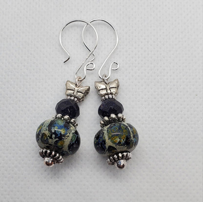 Midnight Butterfly Artisan Glass Earrings, Lampwork Glass Bead by Grace Lampwork Beads, Silver Filled Earring Wire