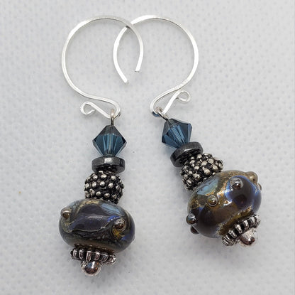Midnight Blues Artisan Glass Earrings, Lampwork Glass Bead by Grace Lampwork Beads, Silver Filled Earring Wire