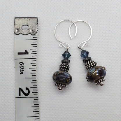 Midnight Blues Artisan Glass Earrings, Lampwork Glass Bead by Grace Lampwork Beads, Silver Filled Earring Wire