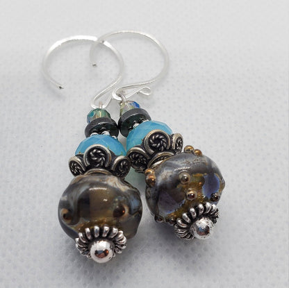 Calm before the Storm Artisan Glass Earrings, Lampwork Glass Bead by Grace Lampwork Beads, Silver Filled Earring Wire