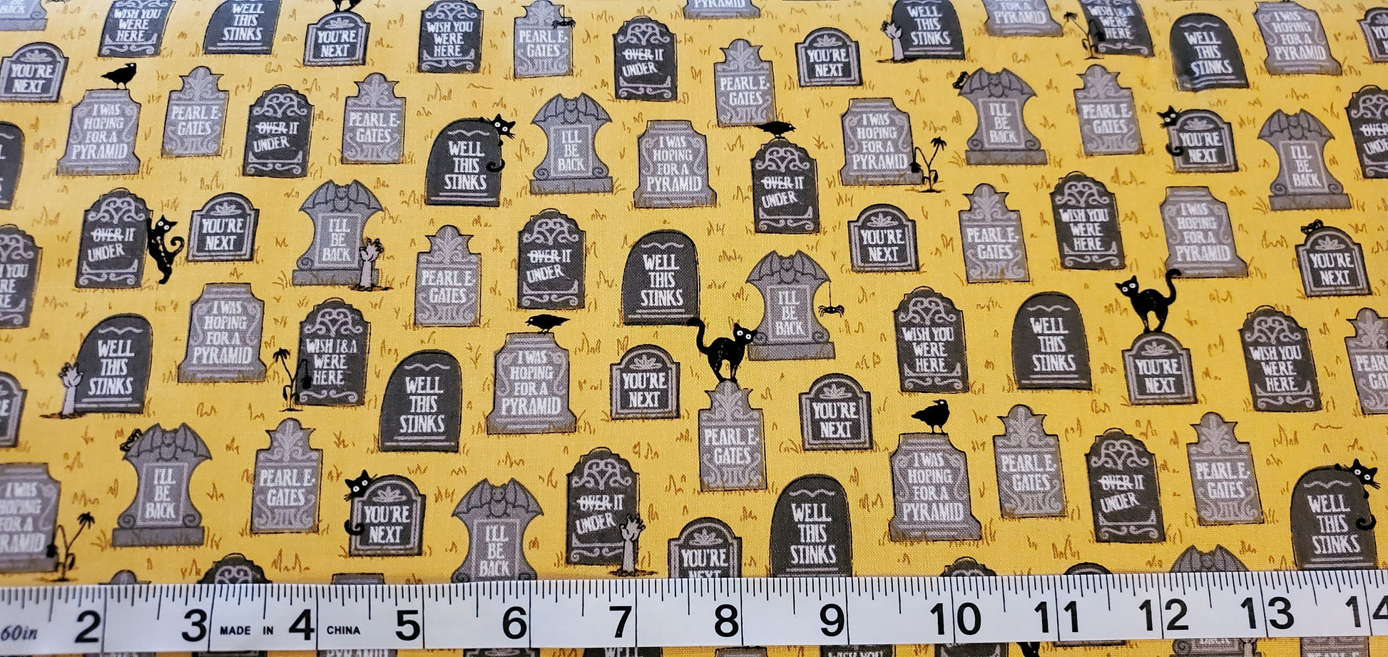 Boos & Ghouls Halloween Tombstone Fabric by the half yard. 100% Cotton.