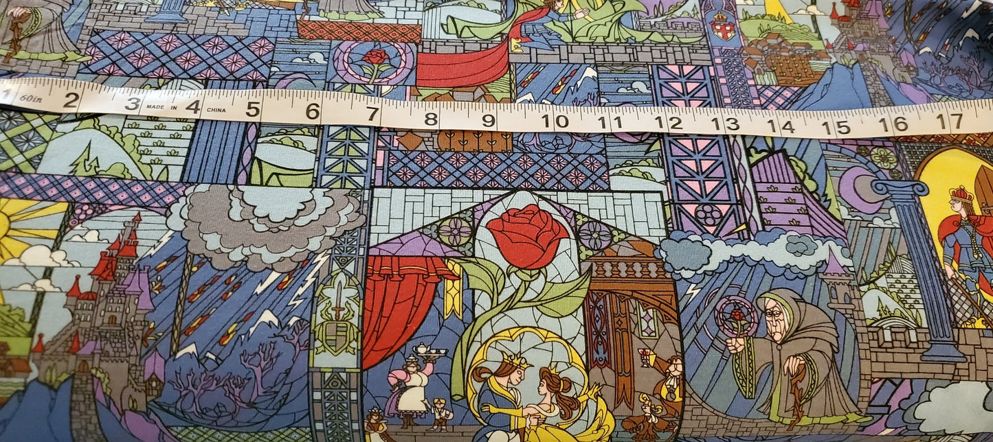 Princess Belle/Beauty and the Beast stained glass Disney Fabric by the half yard. Cotton/Spandex mix.