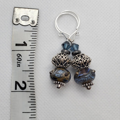 Stormy night Artisan Glass Earrings, Lampwork Glass Bead by Grace Lampwork Beads, Silver Filled Earring Wire