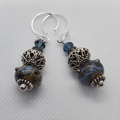 Stormy night Artisan Glass Earrings, Lampwork Glass Bead by Grace Lampwork Beads, Silver Filled Earring Wire