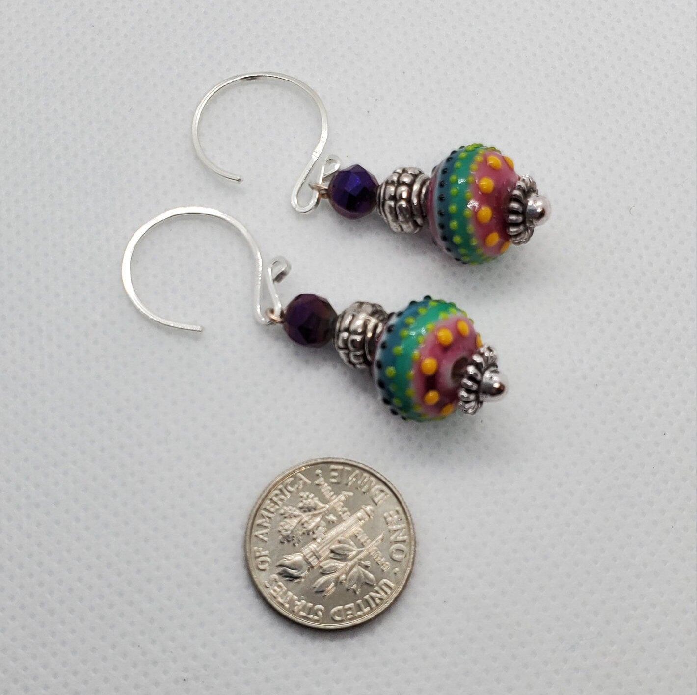 Mardi Gras Artisan Glass Earrings, Lampwork Glass Bead by Grace Lampwork Beads, Silver Filled Earring Wire