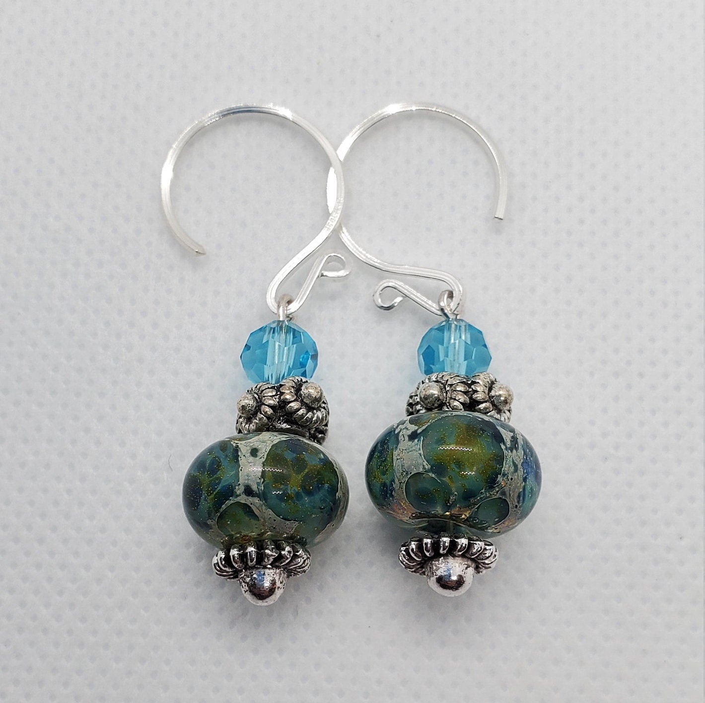 Blue Damascus Artisan Glass Earrings, Lampwork Glass Bead by Grace Lampwork Beads, Silver Filled Earring Wire