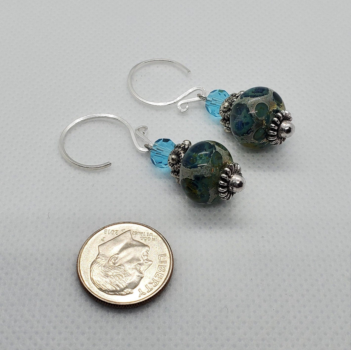 Blue Damascus Artisan Glass Earrings, Lampwork Glass Bead by Grace Lampwork Beads, Silver Filled Earring Wire