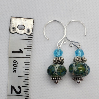 Blue Damascus Artisan Glass Earrings, Lampwork Glass Bead by Grace Lampwork Beads, Silver Filled Earring Wire