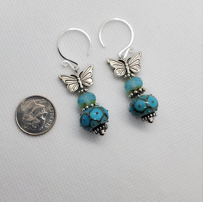 Butterfly Blues Artisan Glass Earrings, Lampwork Glass Bead by Grace Lampwork Beads, Silver Filled Earring Wire