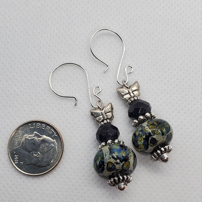 Midnight Butterfly Artisan Glass Earrings, Lampwork Glass Bead by Grace Lampwork Beads, Silver Filled Earring Wire