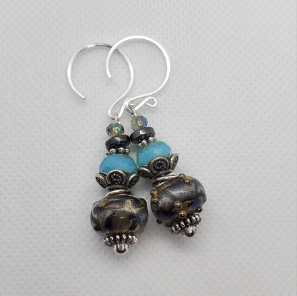 Calm before the Storm Artisan Glass Earrings, Lampwork Glass Bead by Grace Lampwork Beads, Silver Filled Earring Wire