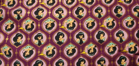 Disney Aladdin frames PRINCESS JASMINE METALLIC Fabric by the half yard. 100% Cotton.