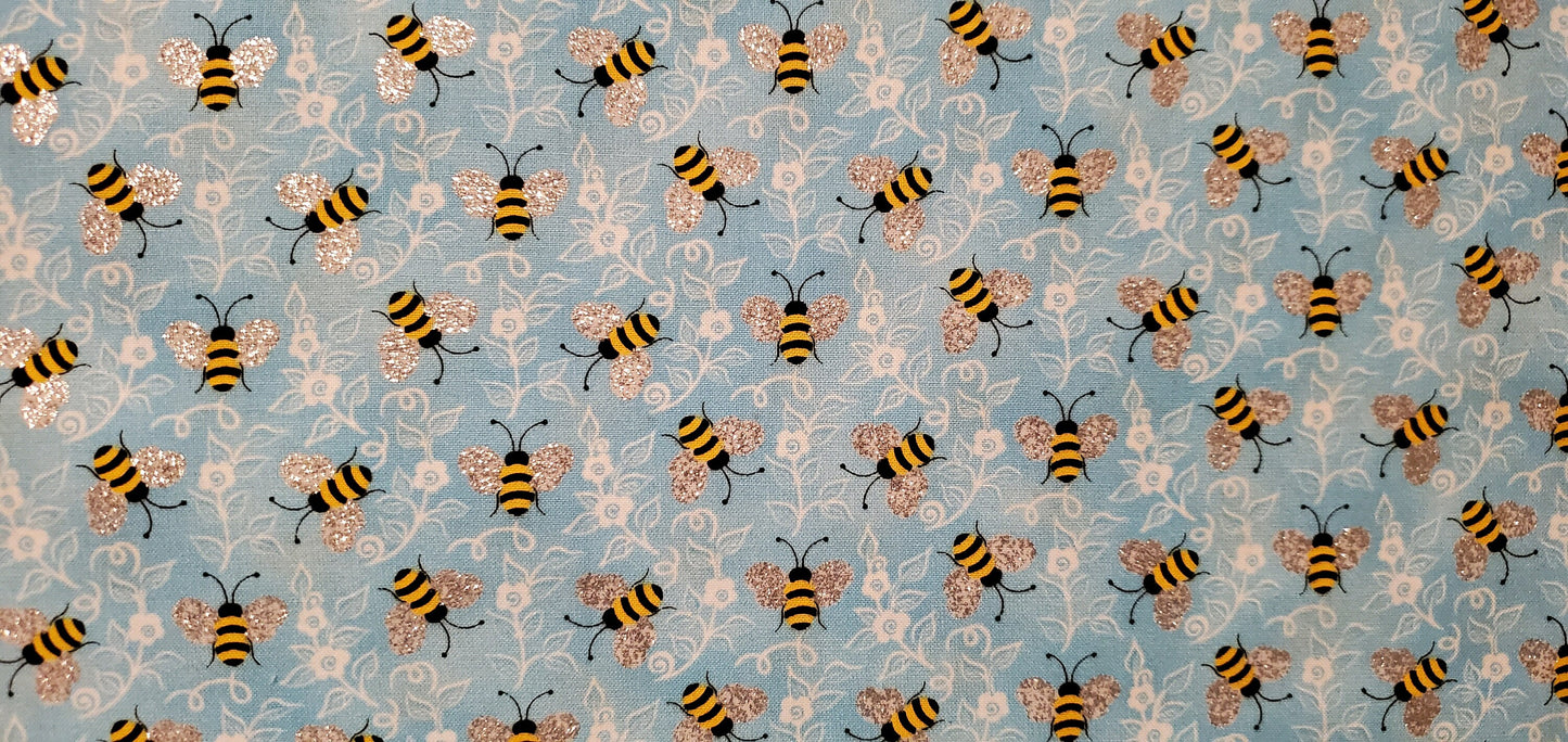 Bumble Bees glitter fabric by the half yard. 100% Cotton.