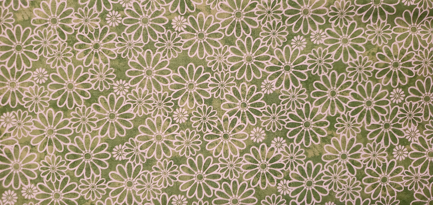 Sundrenched Daisies Lime fabric by the half yard. 100% Cotton.