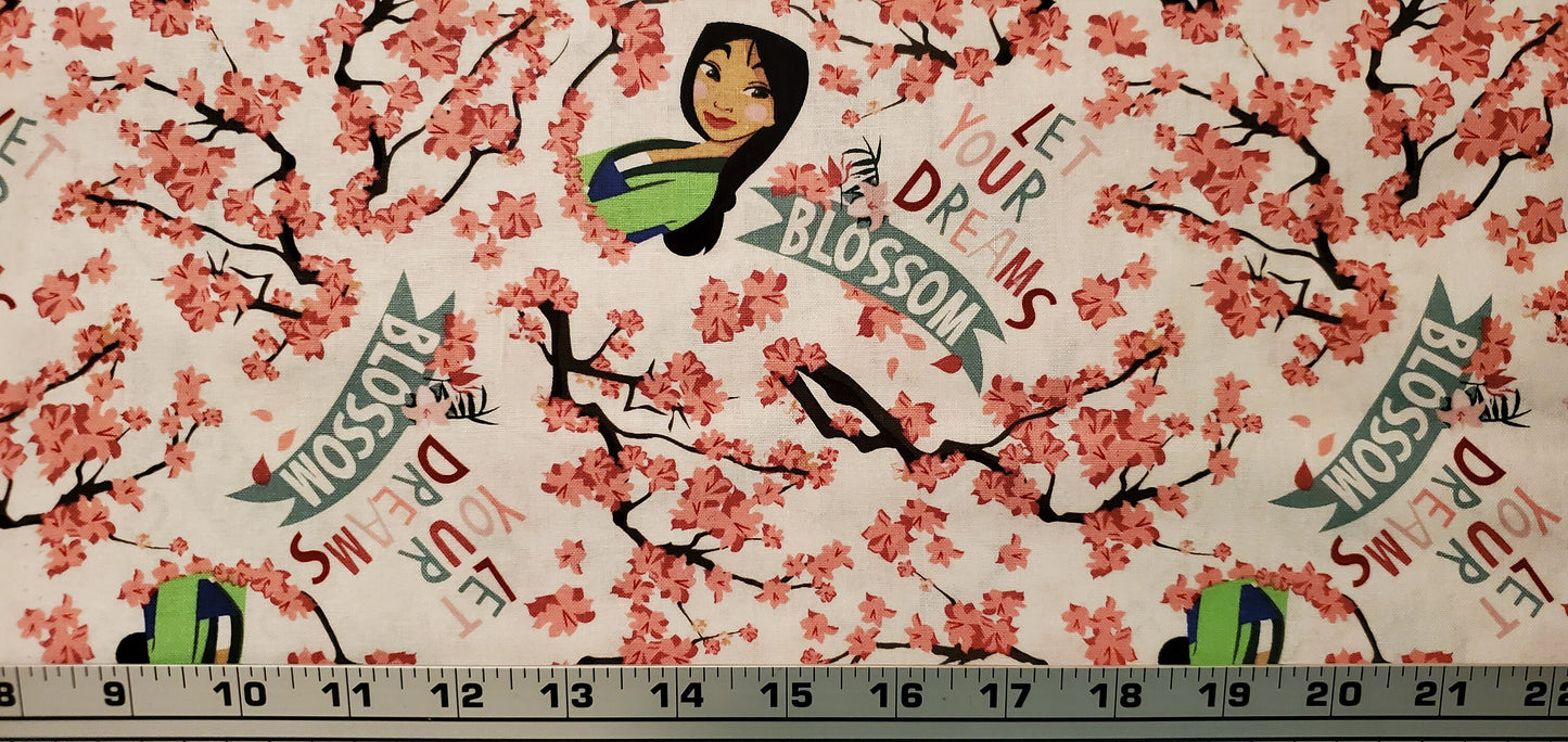 Disney PRINCESS MULAN Dreams Blossom Fabric by the half yard. 100% Cotton.