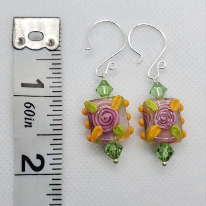 Love is in Bloom Artisan Glass Earrings, Lampwork Glass Bead by Grace Lampwork Beads, Silver Filled Earring Wire