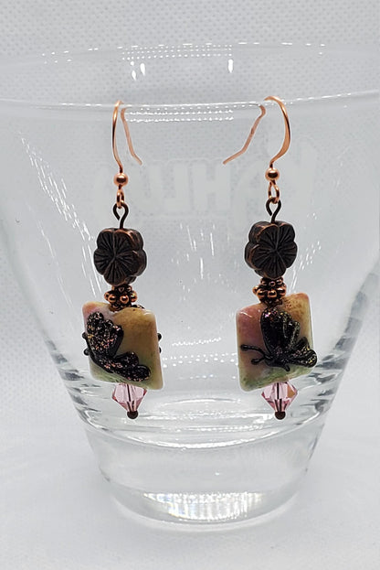 Butterfly Blooms Artisan Glass Earrings, Lampwork Glass Bead by Grace Lampwork Beads, Copper Earring Wire