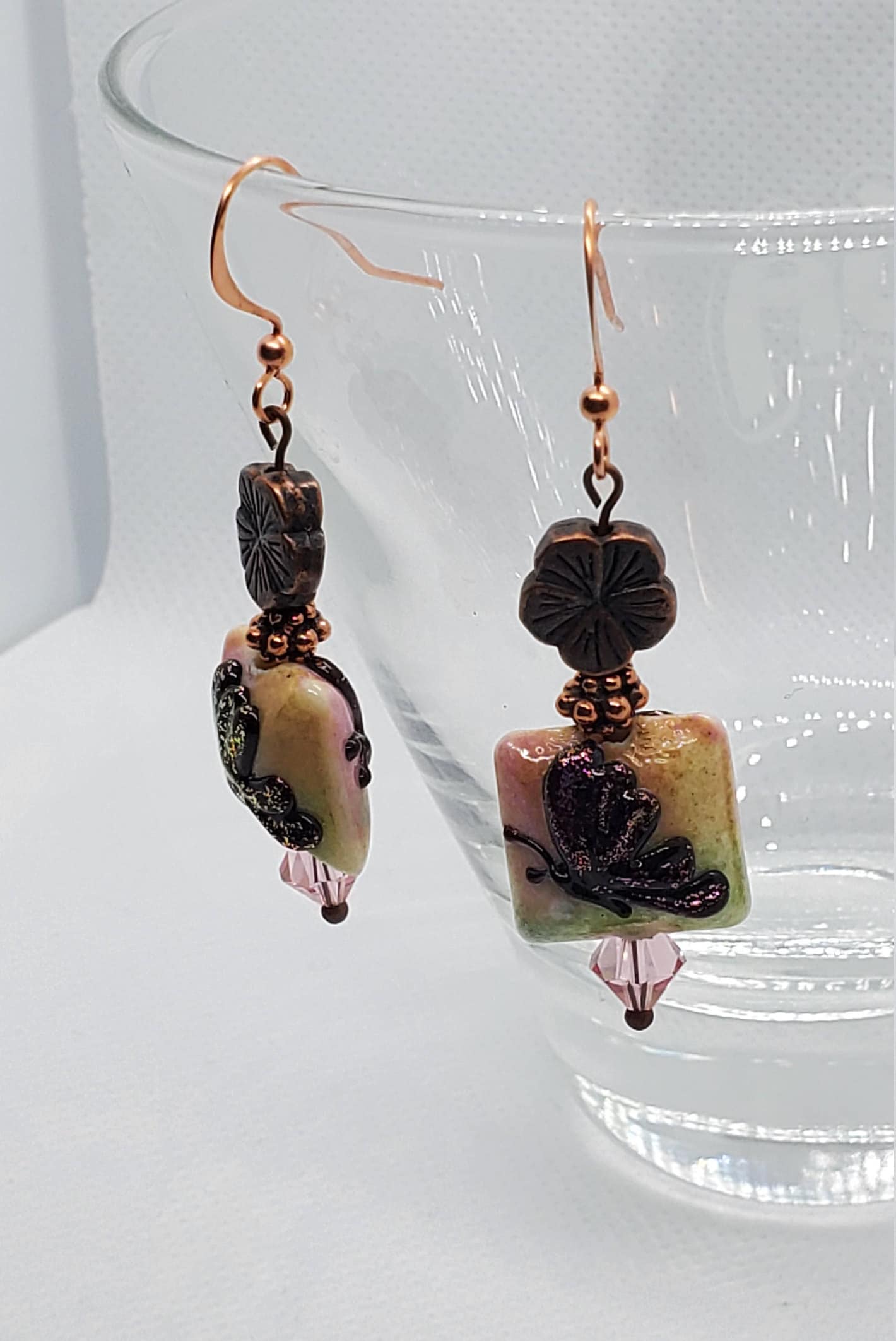 Butterfly Blooms Artisan Glass Earrings, Lampwork Glass Bead by Grace Lampwork Beads, Copper Earring Wire