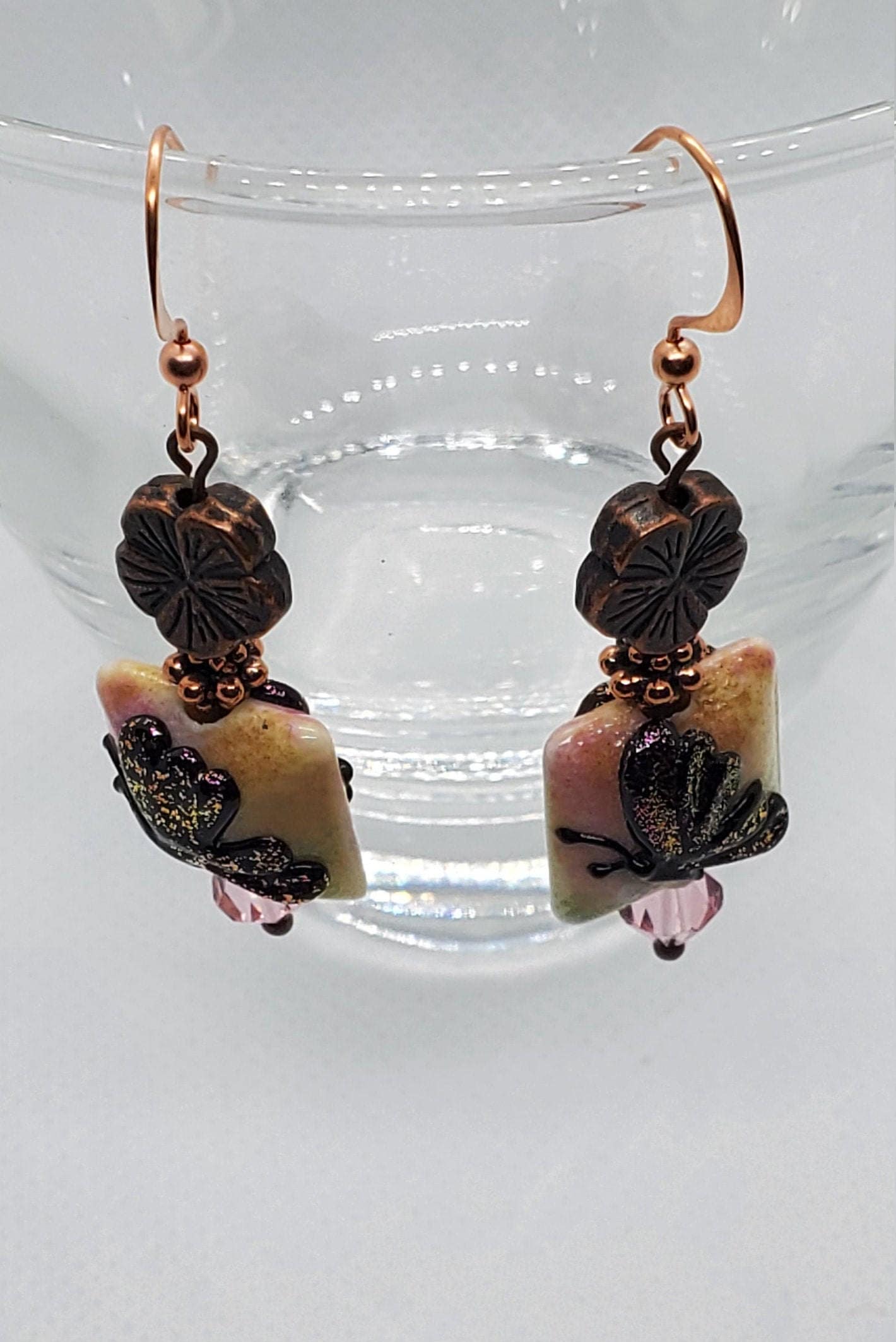 Butterfly Blooms Artisan Glass Earrings, Lampwork Glass Bead by Grace Lampwork Beads, Copper Earring Wire