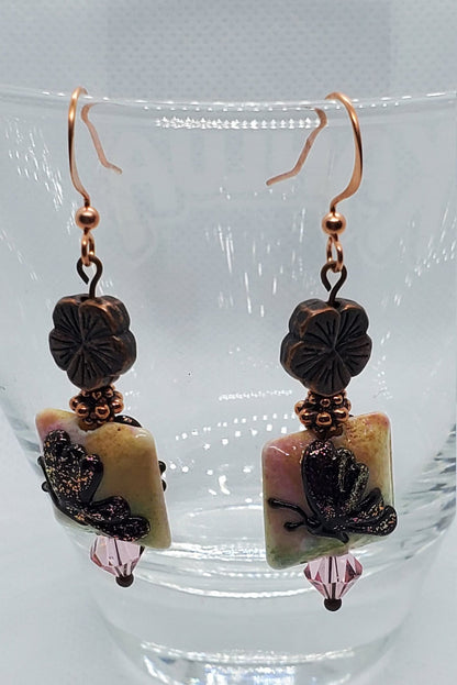 Butterfly Blooms Artisan Glass Earrings, Lampwork Glass Bead by Grace Lampwork Beads, Copper Earring Wire