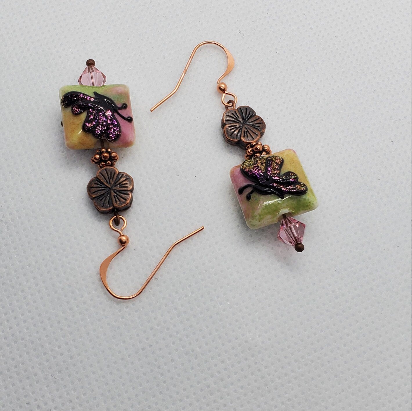 Butterfly Blooms Artisan Glass Earrings, Lampwork Glass Bead by Grace Lampwork Beads, Copper Earring Wire