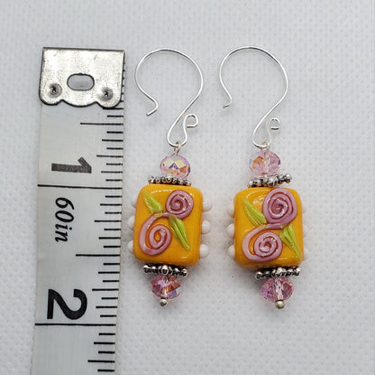 Citrus Blooms Artisan Glass Earrings, Lampwork Glass Bead by Grace Lampwork Beads, Silver Filled Earring Wire