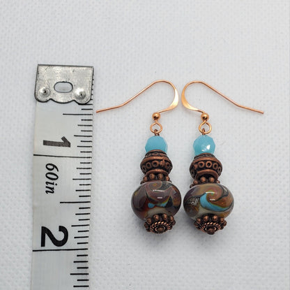 Copper Blues Artisan Glass Earrings, Lampwork Glass Bead by Grace Lampwork Beads, Copper Earring Wire