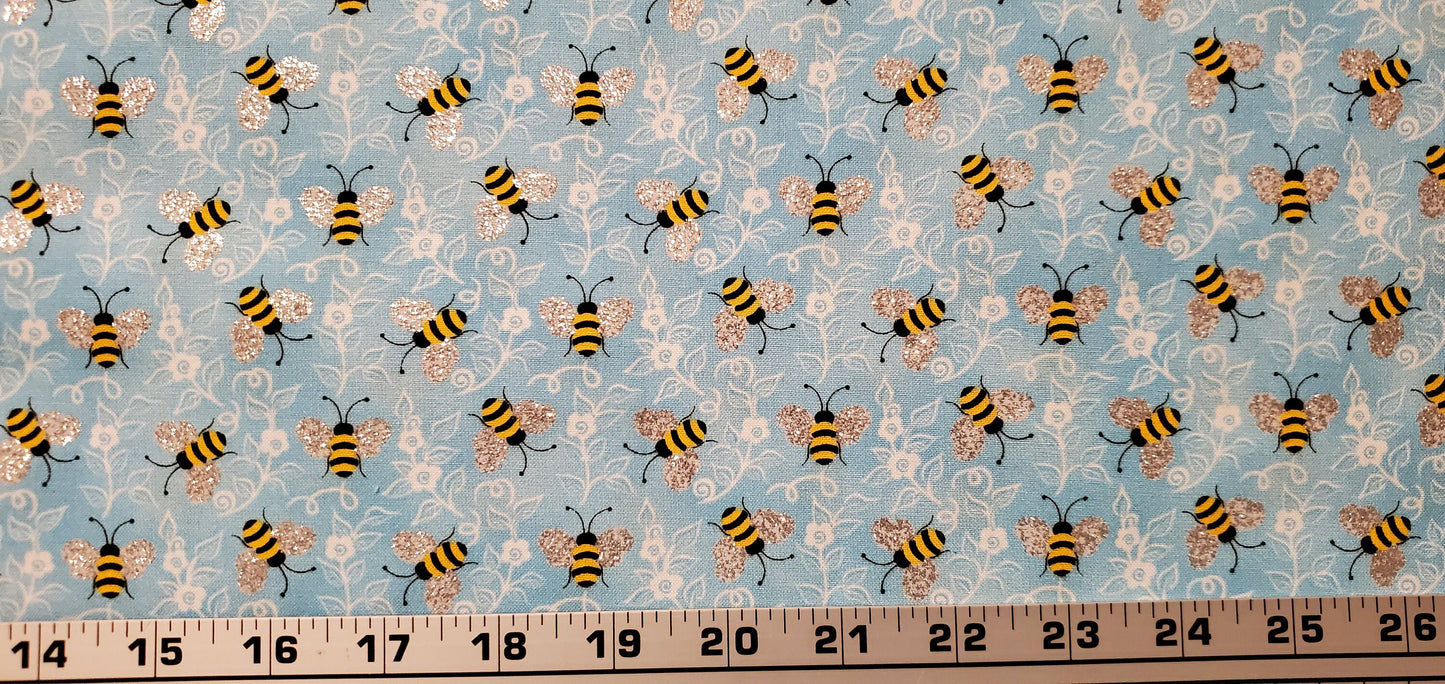 Bumble Bees glitter fabric by the half yard. 100% Cotton.