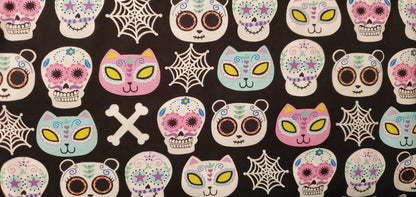 Sugar Skulls - Cat, Panda, Skull fabric by the half yard. 100% Cotton.