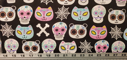 Sugar Skulls - Cat, Panda, Skull fabric by the half yard. 100% Cotton.