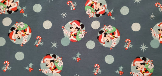 Disney MICKEY MOUSE Teal Background- Christmas Badges Fabric by the half yard. Cotton/Spandex