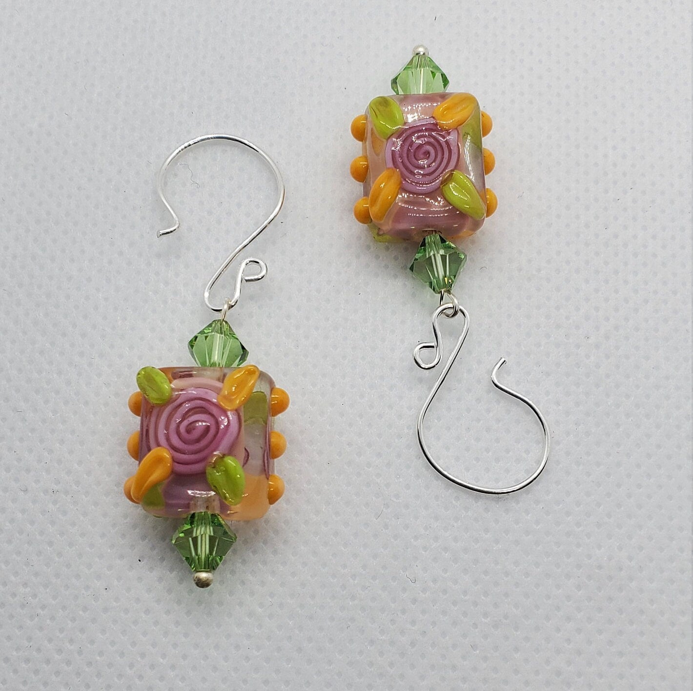 Love is in Bloom Artisan Glass Earrings, Lampwork Glass Bead by Grace Lampwork Beads, Silver Filled Earring Wire