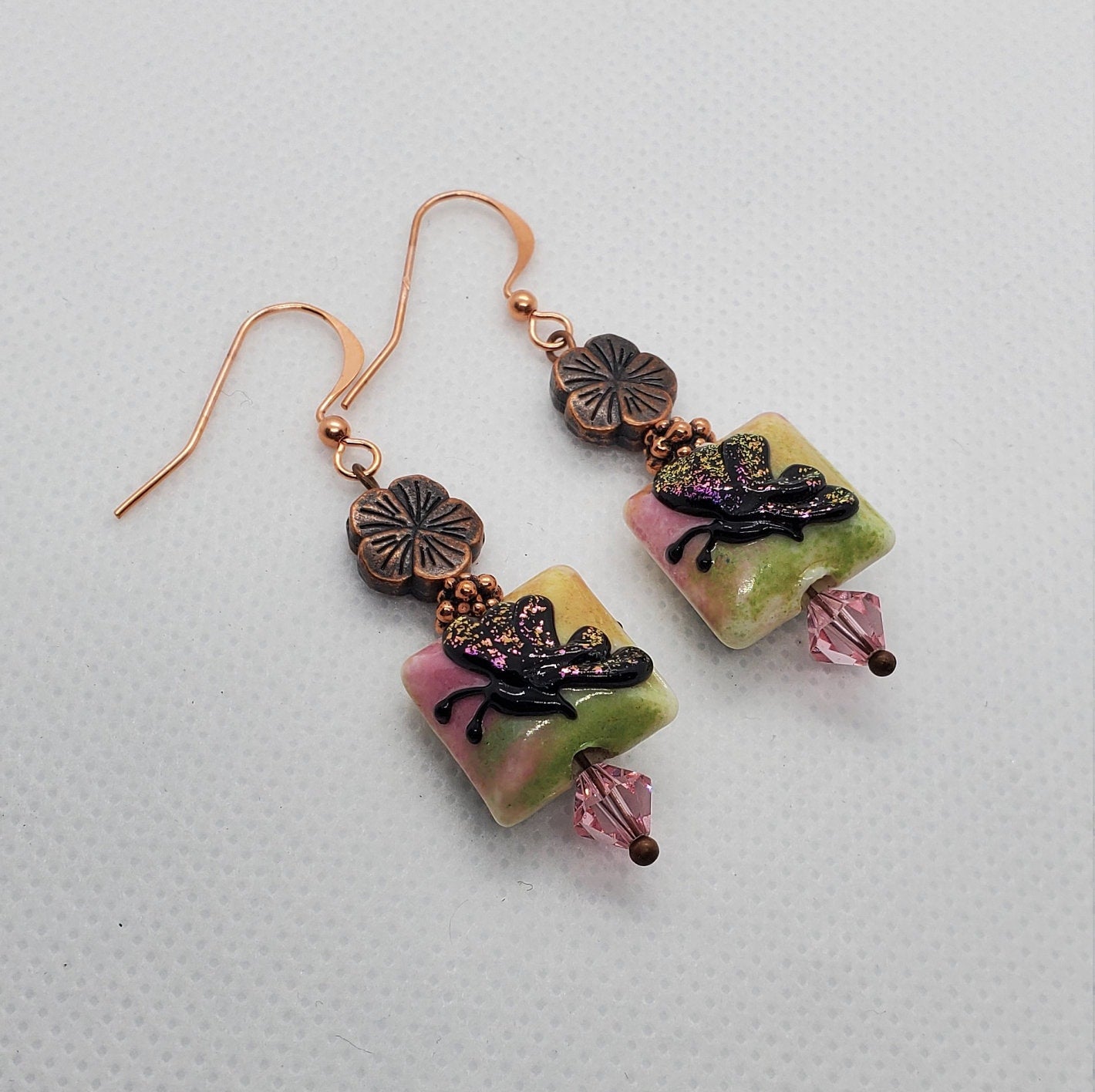 Butterfly Blooms Artisan Glass Earrings, Lampwork Glass Bead by Grace Lampwork Beads, Copper Earring Wire