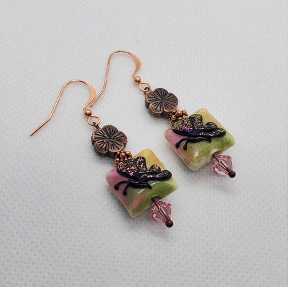 Butterfly Blooms Artisan Glass Earrings, Lampwork Glass Bead by Grace Lampwork Beads, Copper Earring Wire