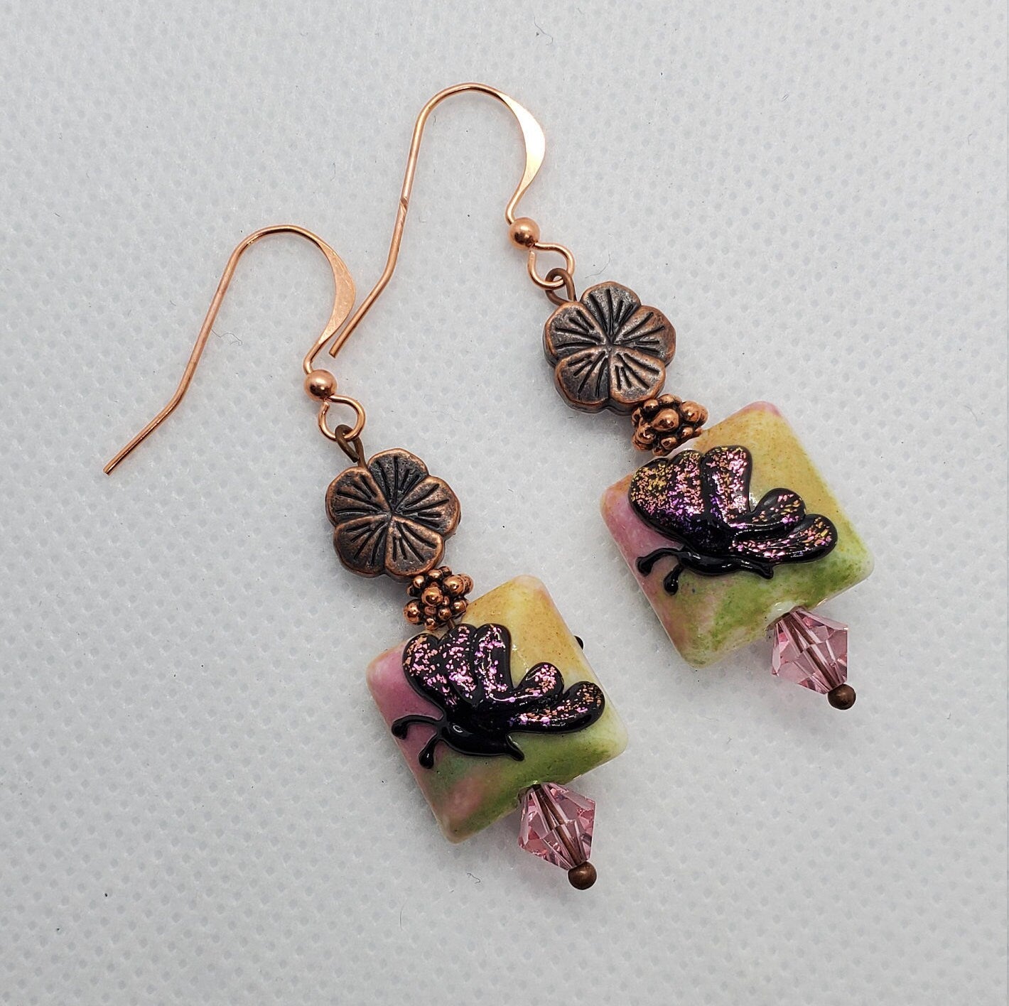 Butterfly Blooms Artisan Glass Earrings, Lampwork Glass Bead by Grace Lampwork Beads, Copper Earring Wire