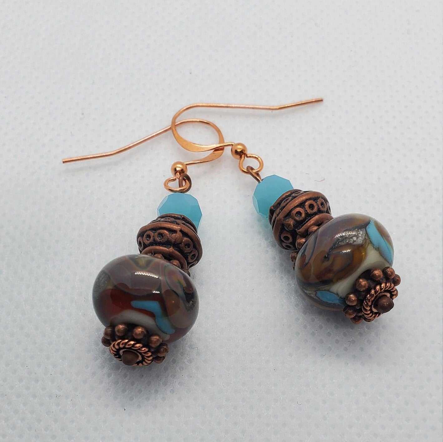 Copper Blues Artisan Glass Earrings, Lampwork Glass Bead by Grace Lampwork Beads, Copper Earring Wire