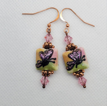 Butterfly Angel Artisan Glass Earrings, Lampwork Glass Bead by Grace Lampwork Beads, Copper Earring Wire