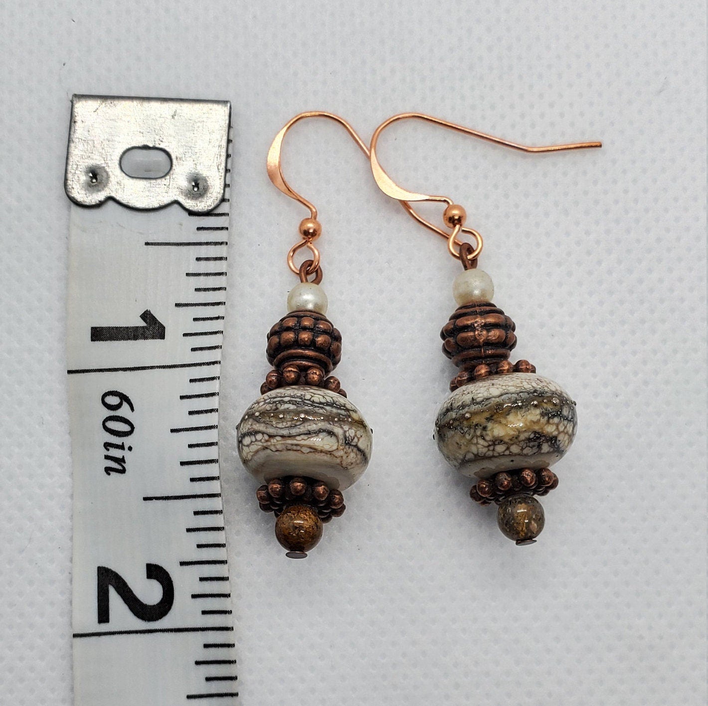 Copper Pearl Artisan Glass Earrings, Lampwork Glass Bead by Grace Lampwork Beads, Copper Earring Wire