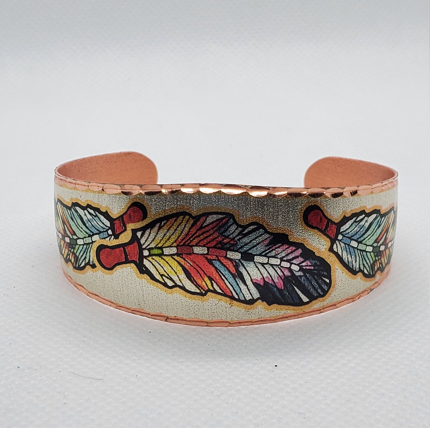 BR - Colorful Feathers - Beautiful adjustable COPPER cuff bracelet.