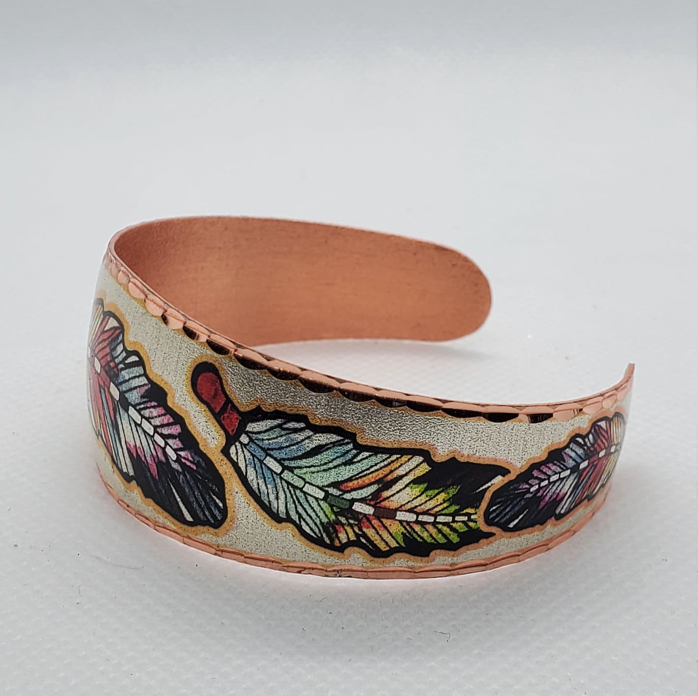 BR - Colorful Feathers - Beautiful adjustable COPPER cuff bracelet.